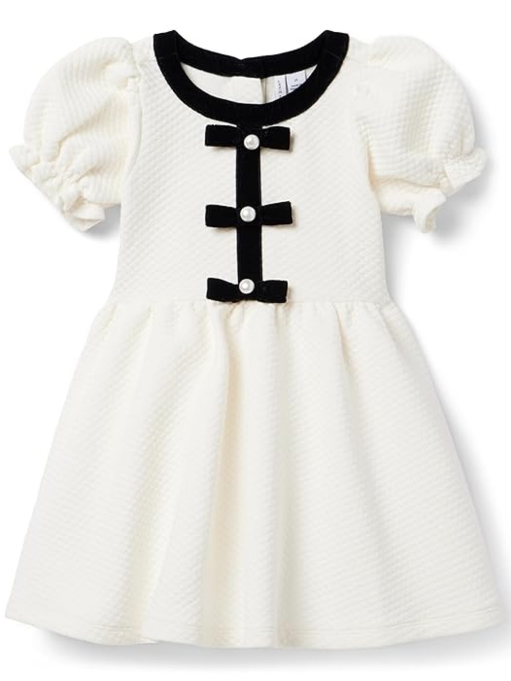 Janie and Jack Ivory Quilted Puff-Sleeve Dress with Black Velvet Trim